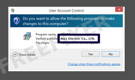 Screenshot where Alps Electric Co., LTD. appears as the verified publisher in the UAC dialog